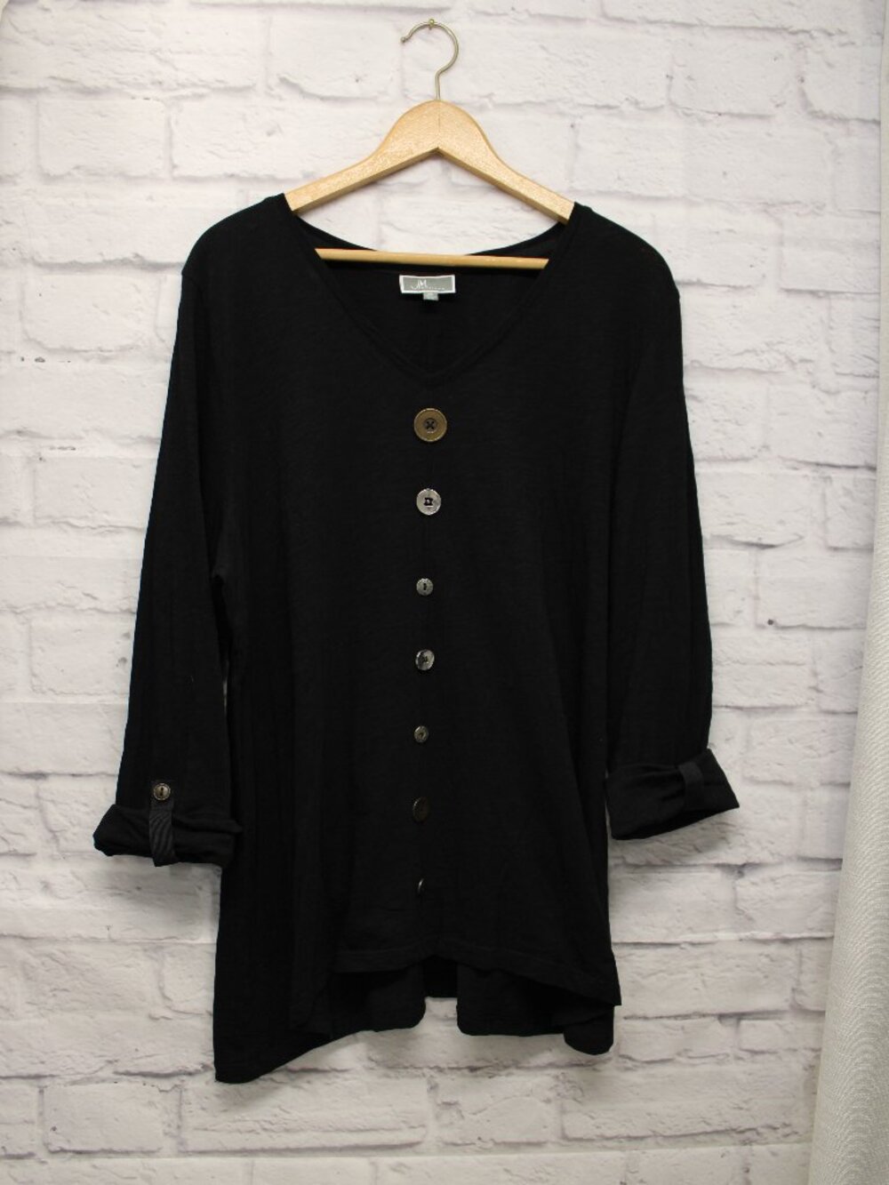 JM Collection Extra Large Black Button Front Detail 3/4 Sleeve Casual Blouse